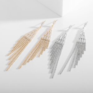 DAYUSTAR Chandelier Gold Tassel Pave Crystal Earrings Boho Fringe Rhinestone Dangle Earrings for Women Long Drop Linear Earrings