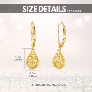 Filigree Leverback Earrings 14k Solid Gold Teardrop Earrings for Women Daisy Flower Leverback Heart Dangle Drop Earrings Jewelry Christmas Gifts for Her