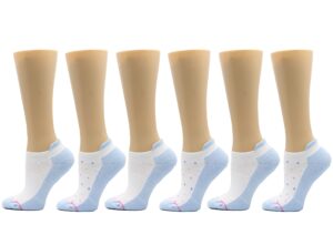 dr. motion womens low cut cushioned breathable compression ankle socks with arch support 6 pairs (white/blue dots)