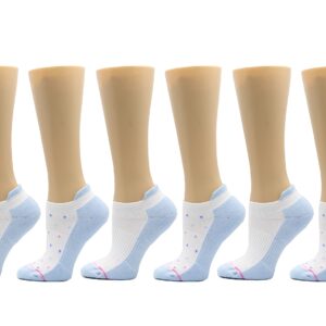 Dr. Motion Womens Low Cut Cushioned Breathable Compression Ankle Socks with Arch Support 6 Pairs (White/Blue Dots)