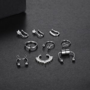 ChiMunllin 9PCS Faux Nose Septum Fake Nose Rings Fake Nose Piercing Studs Rings Stainless Steel Faux Nose Hoop Rings Non Piercing Jewelry for Women Men