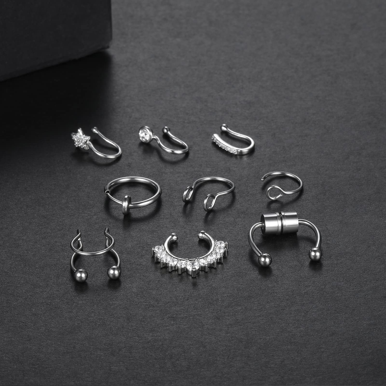 ChiMunllin 9PCS Faux Nose Septum Fake Nose Rings Fake Nose Piercing Studs Rings Stainless Steel Faux Nose Hoop Rings Non Piercing Jewelry for Women Men