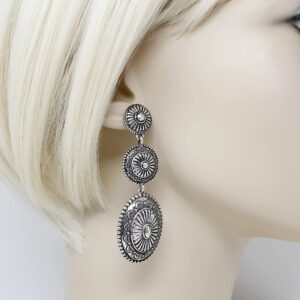 Triple Concho Drop Antique Silver Tone Post Earrings