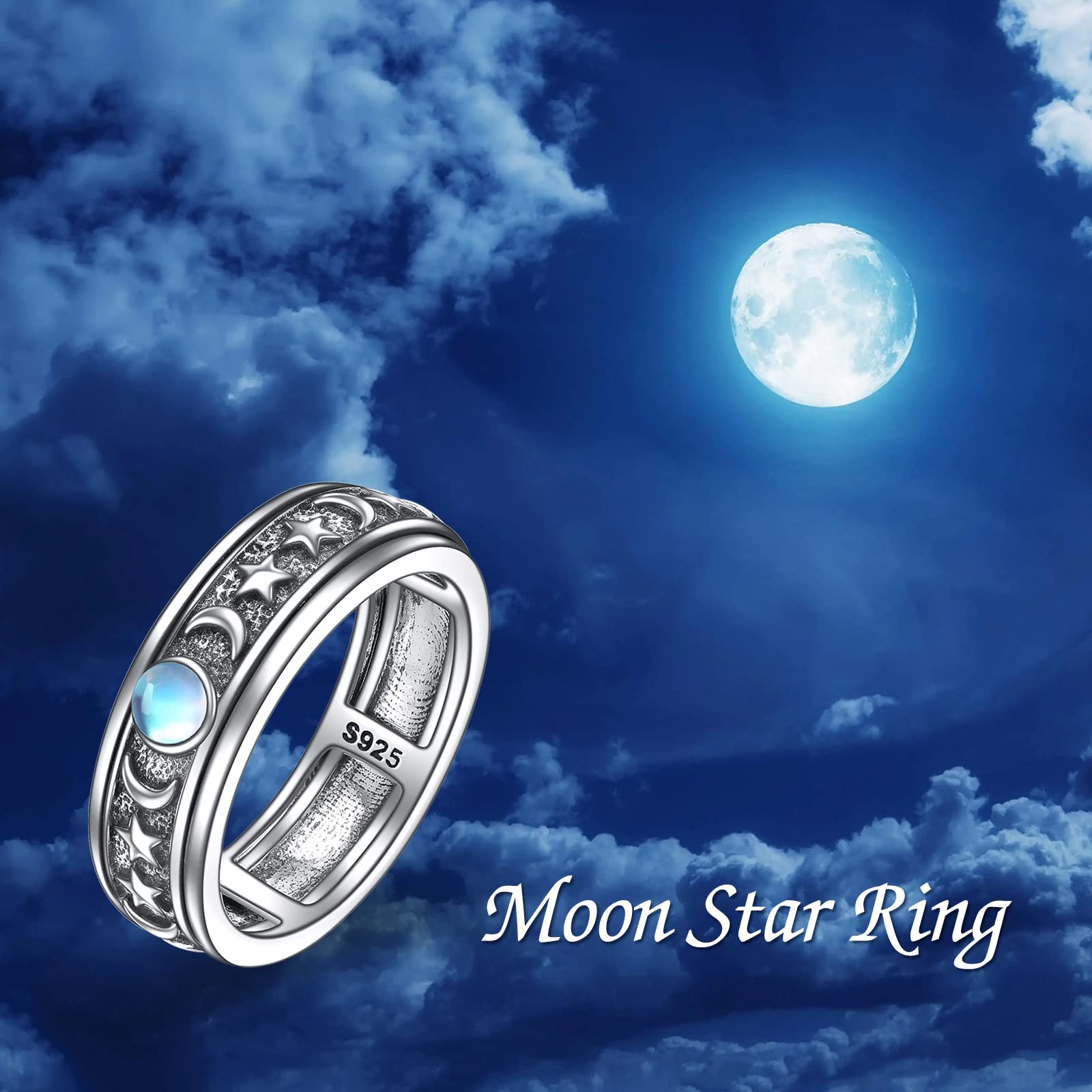 POPLYKE Sterling Silver Anxiety Spinner Rings Moonstone Moon And Star Ring Rotatable Mood Rings for Women Relieve Stress Gift（9 Size）