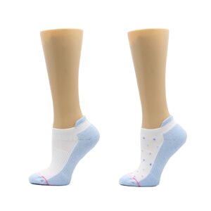 Dr. Motion Womens Low Cut Cushioned Breathable Compression Ankle Socks with Arch Support 6 Pairs (White/Blue Dots)