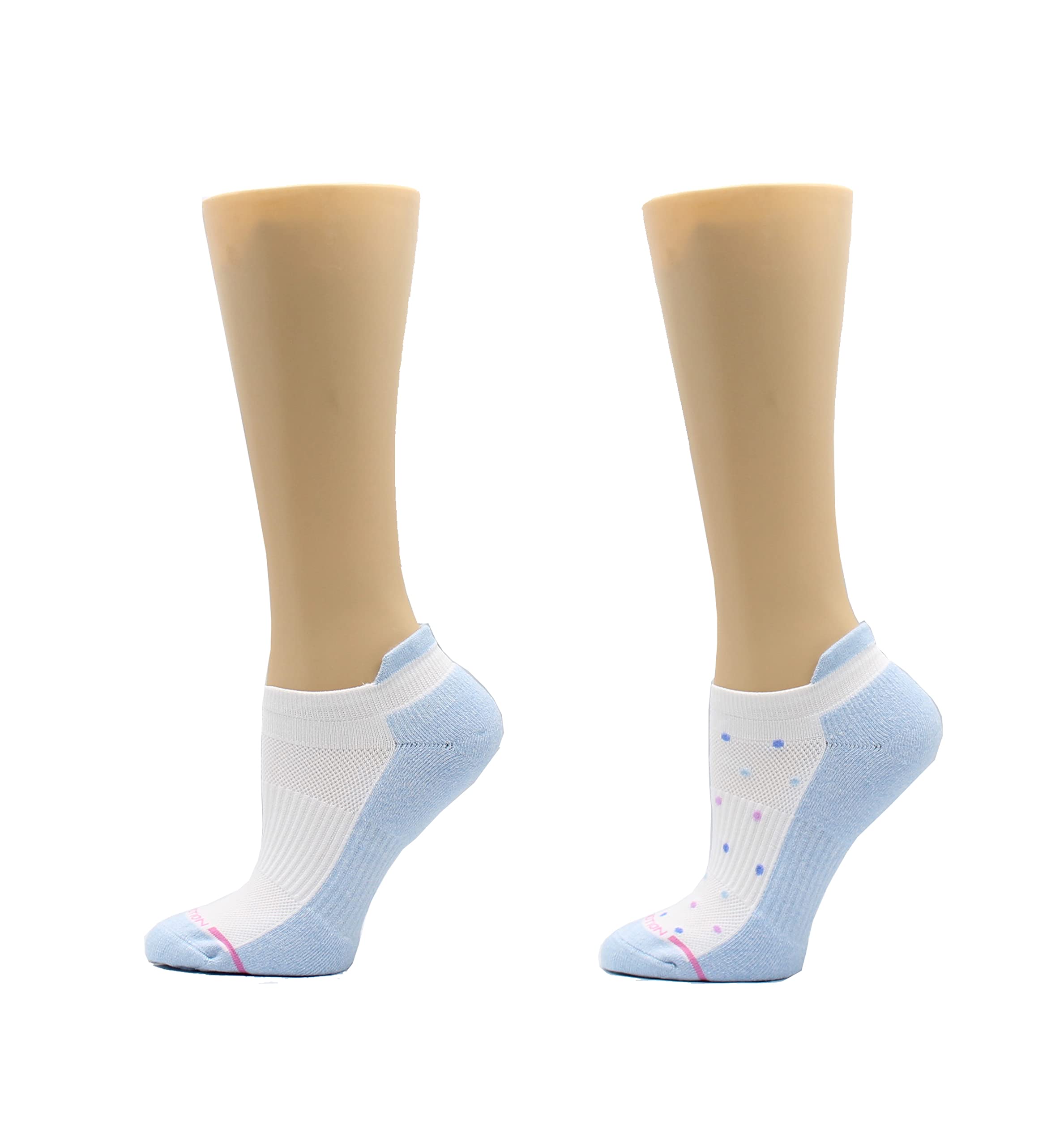 Dr. Motion Womens Low Cut Cushioned Breathable Compression Ankle Socks with Arch Support 6 Pairs (White/Blue Dots)