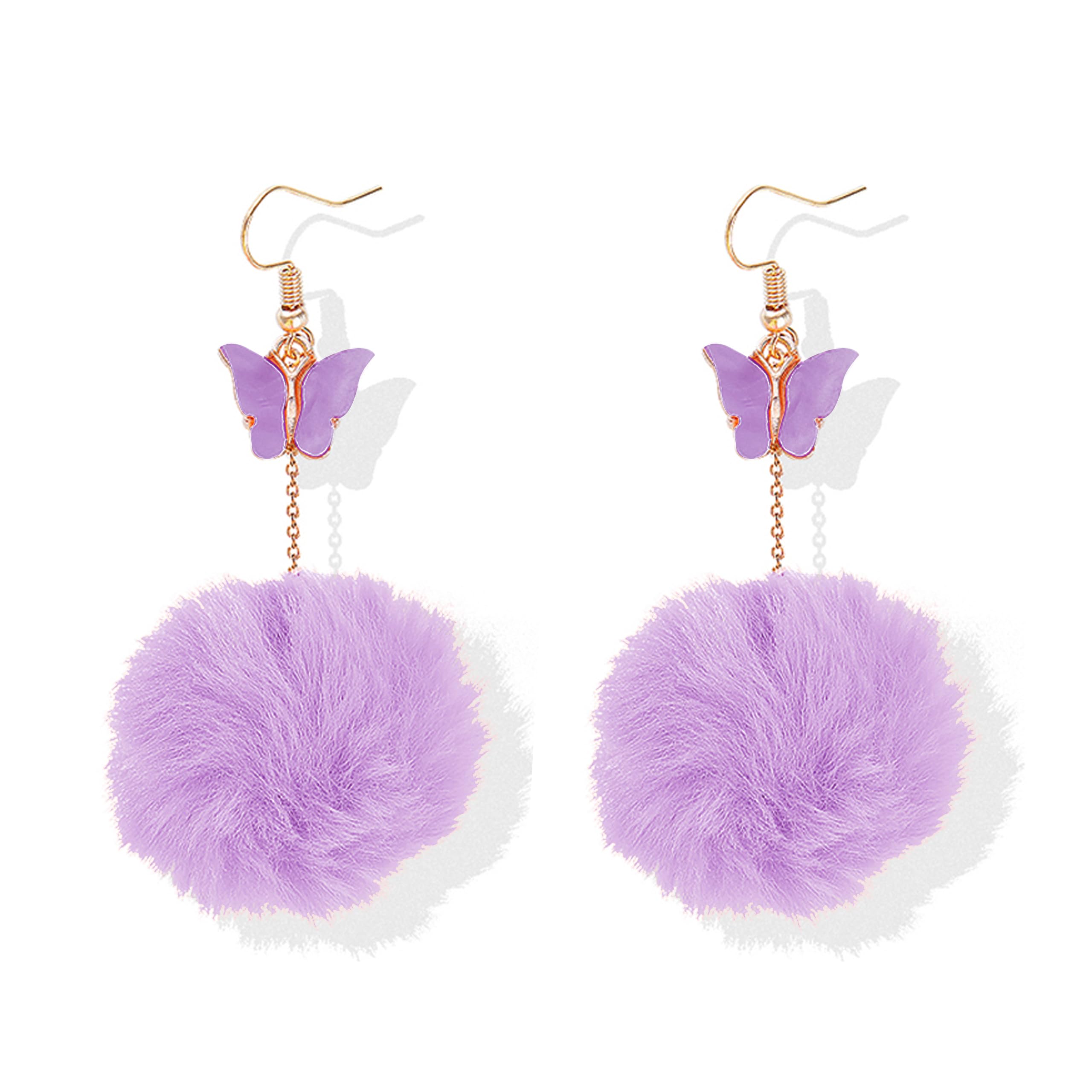 Pom Pom Earrings for Women Trendy Butterfly Puffy Dangle Earrings Faux Fur Ball Fluffy Earrings Rave Earrings Prom earrings Puffy Round Earrings Fun Fairy Earrings for Women