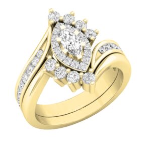 Dazzlingrock Collection 0.95 ctw Marquise & Round Diamond Wedding Ring Matching Band Set for Women (Color I-J, Clarity I2-I3) in 10K Yellow Gold Size 7