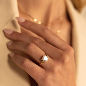 espere 3 Carat Princess-cut Moissanite Engagement Ring in 14K Yellow Gold | Solid Gold Solitaire Ring with Plain Band | 14K Gemstone Engagement Ring (Size 6)