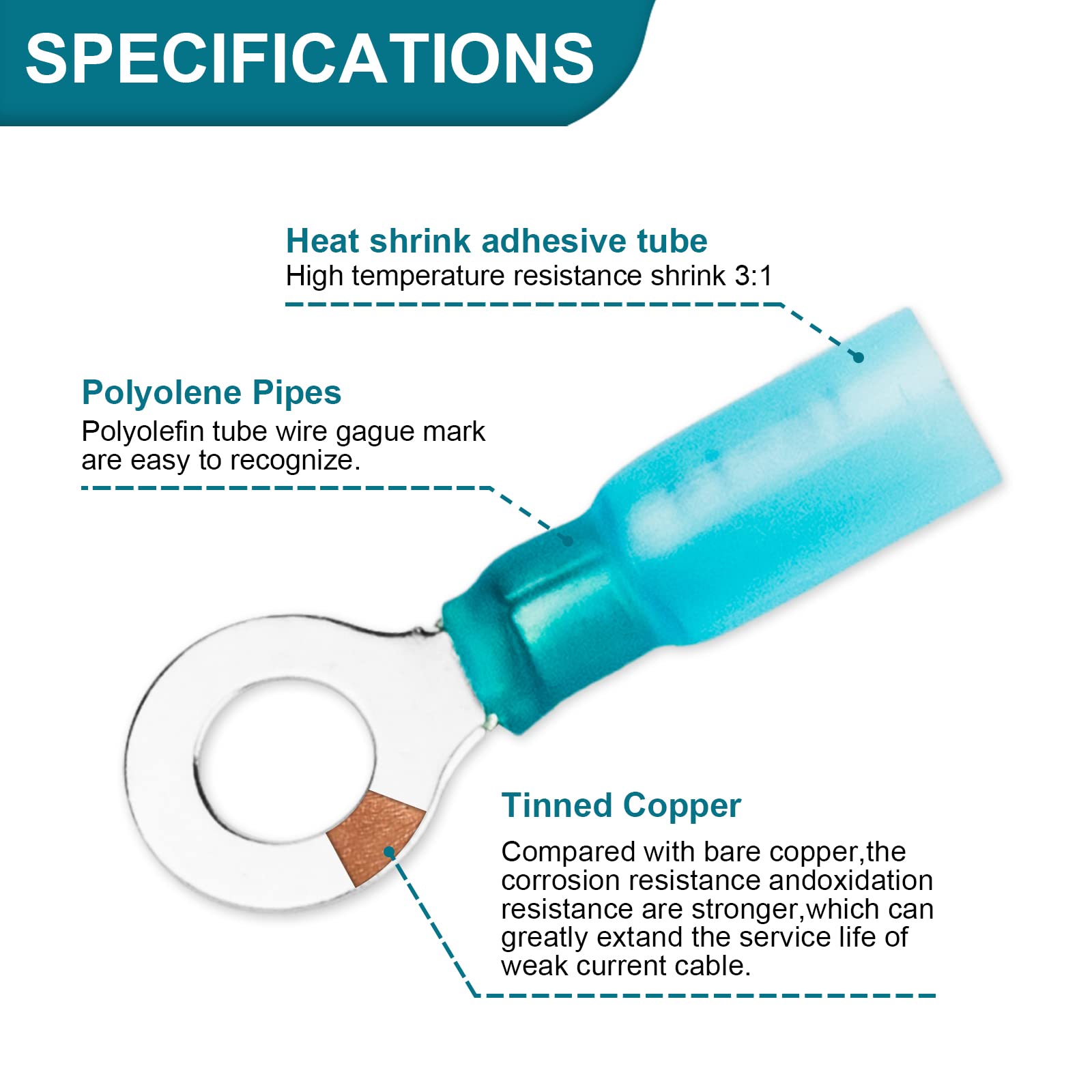 50 PCS Heat Shrink Wire Connectors, 16-14 AWG Ring Terminals Waterproof, 16-14 AWG #10 Wire Terminals Marine Automotive