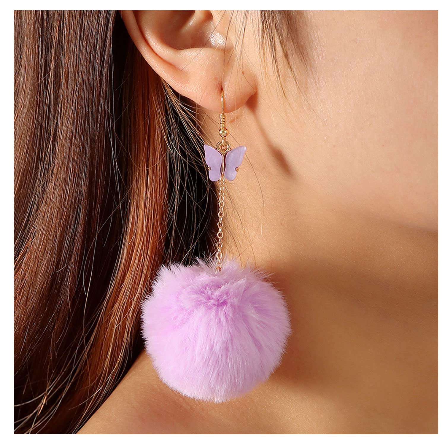 Pom Pom Earrings for Women Trendy Butterfly Puffy Dangle Earrings Faux Fur Ball Fluffy Earrings Rave Earrings Prom earrings Puffy Round Earrings Fun Fairy Earrings for Women