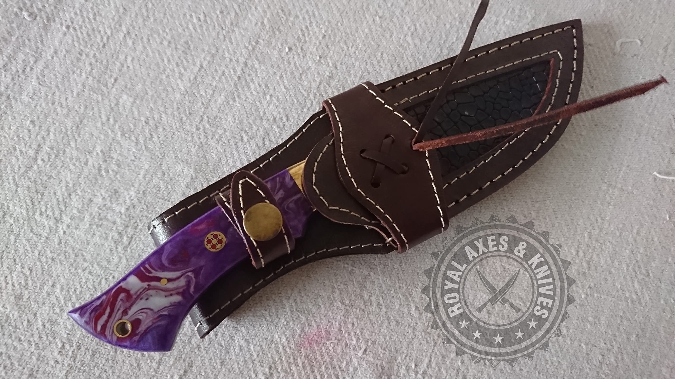 NA-1 Royal Knife Custom Hand Made Damascus Steel Bowie Knife With Multi Purple Resin Handle Material Hand Made Fixed Blade Survival Knife With Leather Sheath (R K 002)