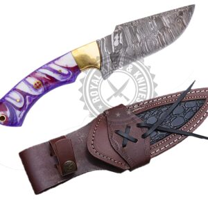 NA-1 Royal Knife Custom Hand Made Damascus Steel Bowie Knife With Multi Purple Resin Handle Material Hand Made Fixed Blade Survival Knife With Leather Sheath (R K 002)