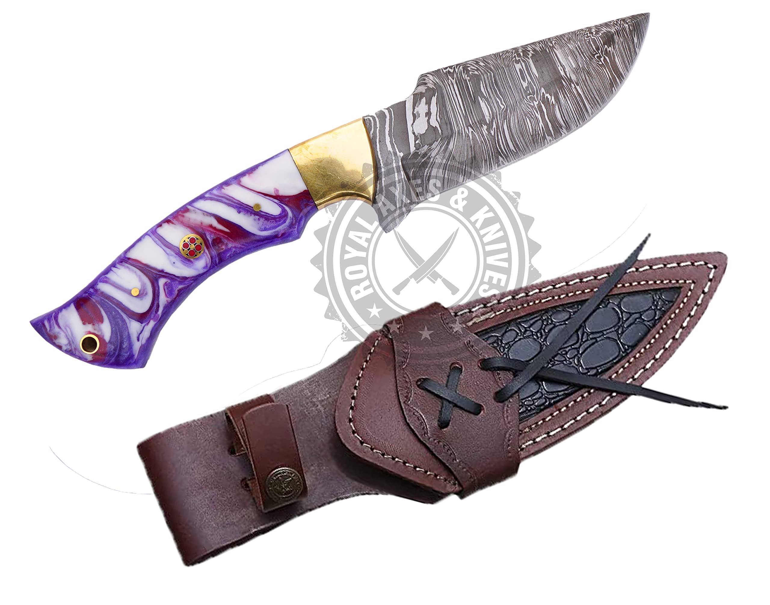 NA-1 Royal Knife Custom Hand Made Damascus Steel Bowie Knife With Multi Purple Resin Handle Material Hand Made Fixed Blade Survival Knife With Leather Sheath (R K 002)