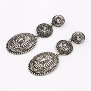 Triple Concho Drop Antique Silver Tone Post Earrings