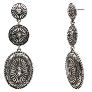 triple concho drop antique silver tone post earrings