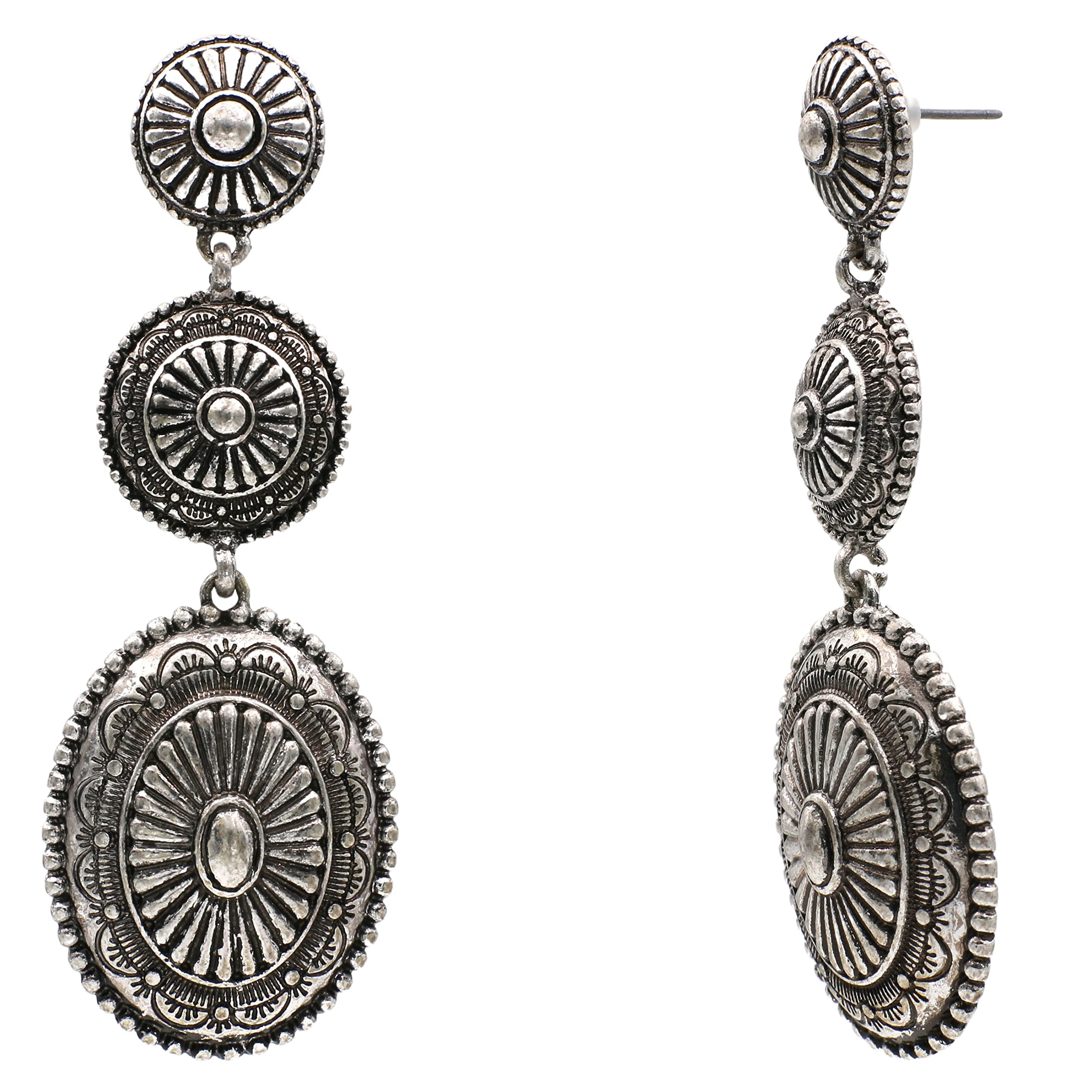 Triple Concho Drop Antique Silver Tone Post Earrings