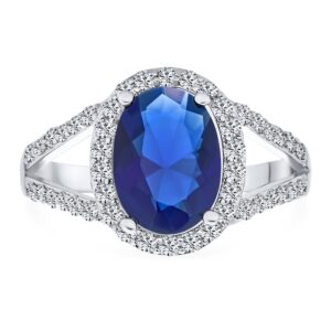 Personalize Classic Traditional 10CT AAA CZ Brilliant Simulated Royal Blue Sapphire Cut Halo Statement Oval Solitaire Engagement Ring For Women With Split Shank Thin Band Silver Plated Customizable