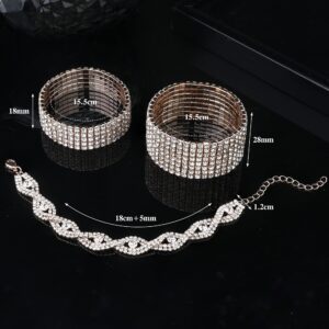 FIBO STEEL 3 PCS Rhinestone Stretch Bracelets for Women Bridal Sparkly Wedding Strand Tennis Bracelet Set Rose Gold-Tone