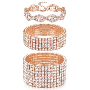 fibo steel 3 pcs rhinestone stretch bracelets for women bridal sparkly wedding strand tennis bracelet set rose gold-tone