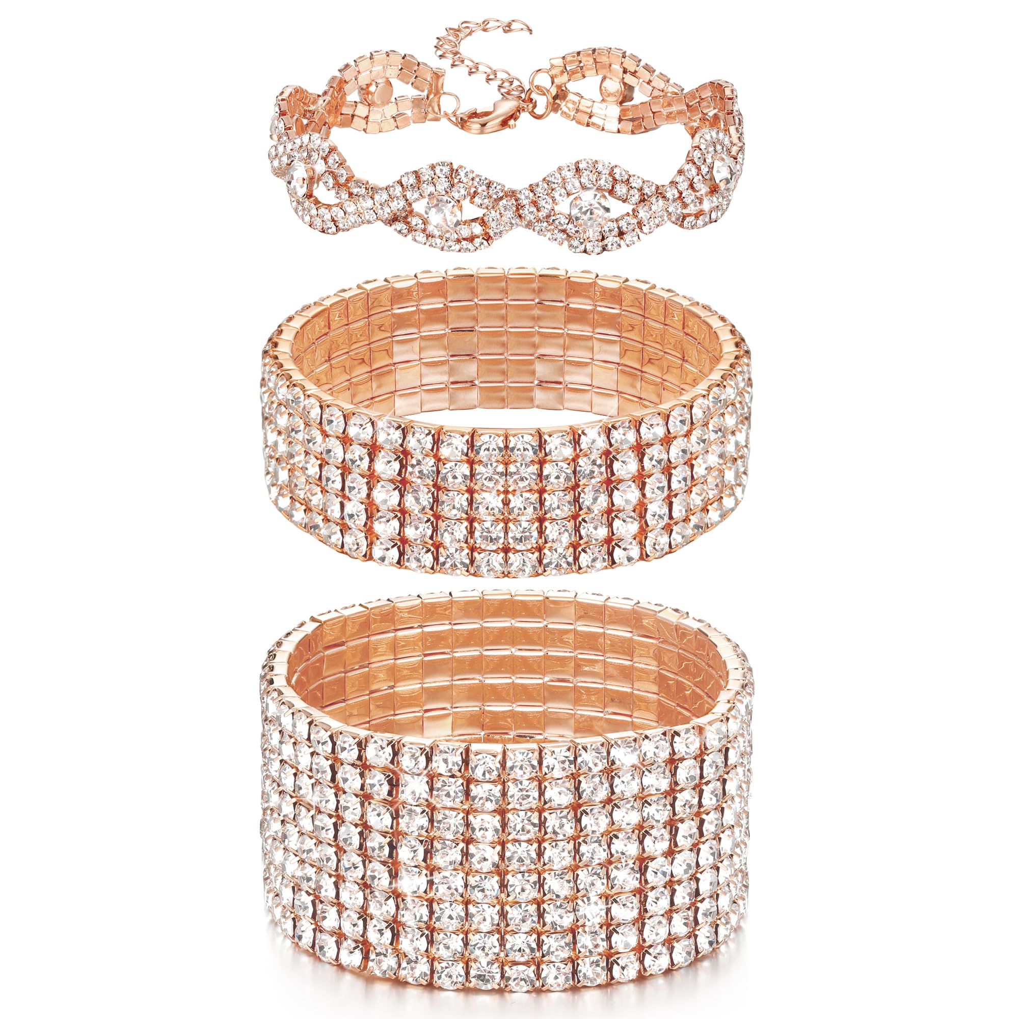 FIBO STEEL 3 PCS Rhinestone Stretch Bracelets for Women Bridal Sparkly Wedding Strand Tennis Bracelet Set Rose Gold-Tone