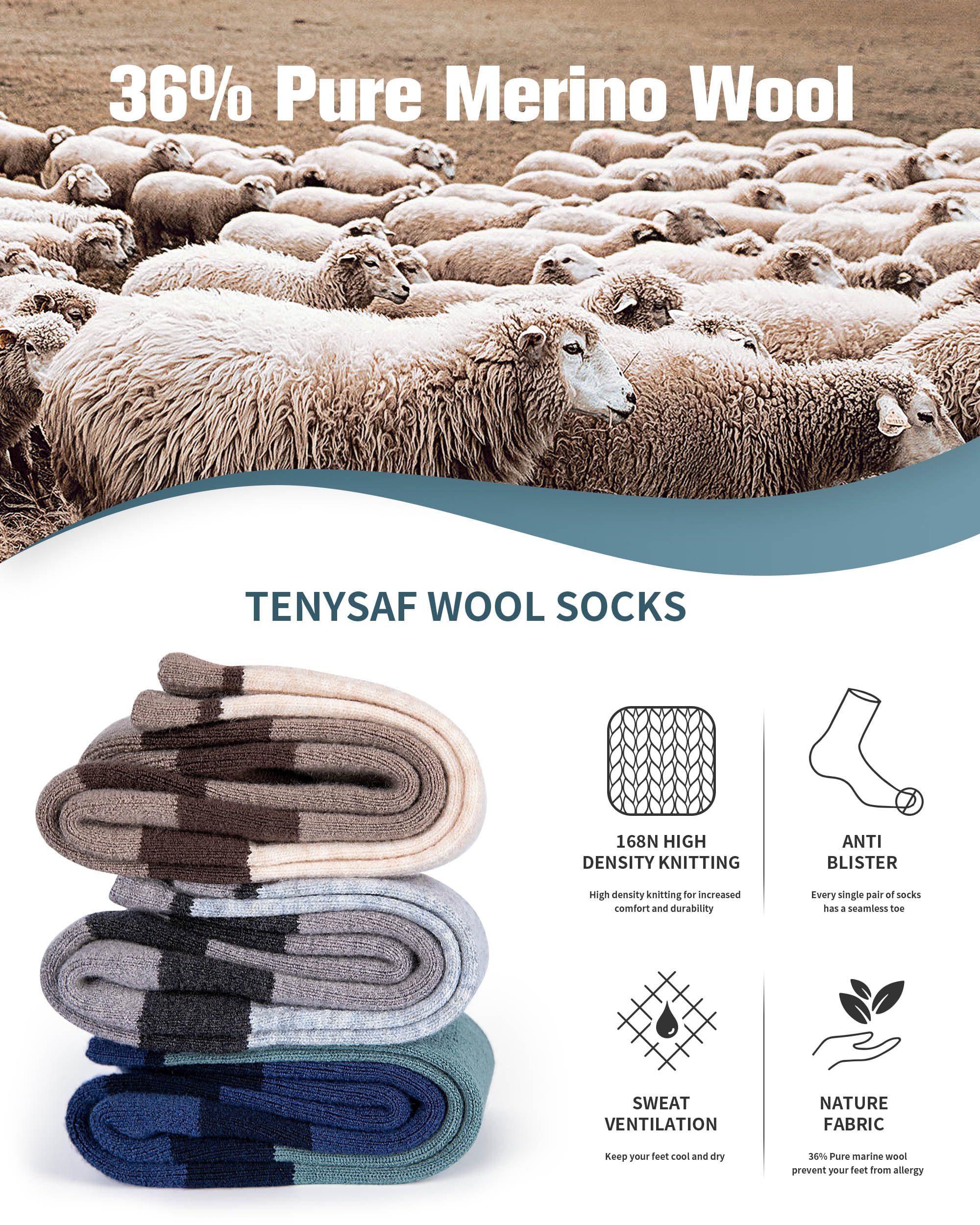 TENYSAF Wool Hiking Socks for Men - Women Lightweight Crew Merino Wool Socks with Cushion for Camping Hunting Work,3 pack