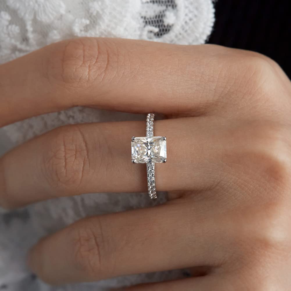 LANE WOODS 1ct 2ct 3ct 4ct 5ct 8ct Radiant Cut Solitaire Moissanite Rings Thin Band Real White Gold Plated 925 Sterling Silver Wedding Engagement Promise Rings Size 3-13