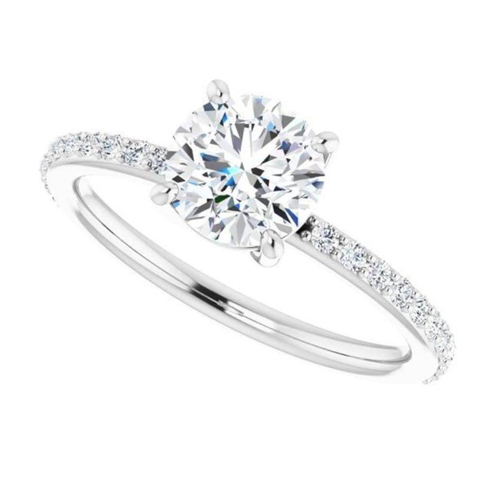 Moissanite Ring 10K Solid White Gold Handmade Engagement Ring 1.0 CT Round Cut Moissanite Diamond Solitaire Accent for Women/Her Propose Ring By Rivaan Jewel US7.5