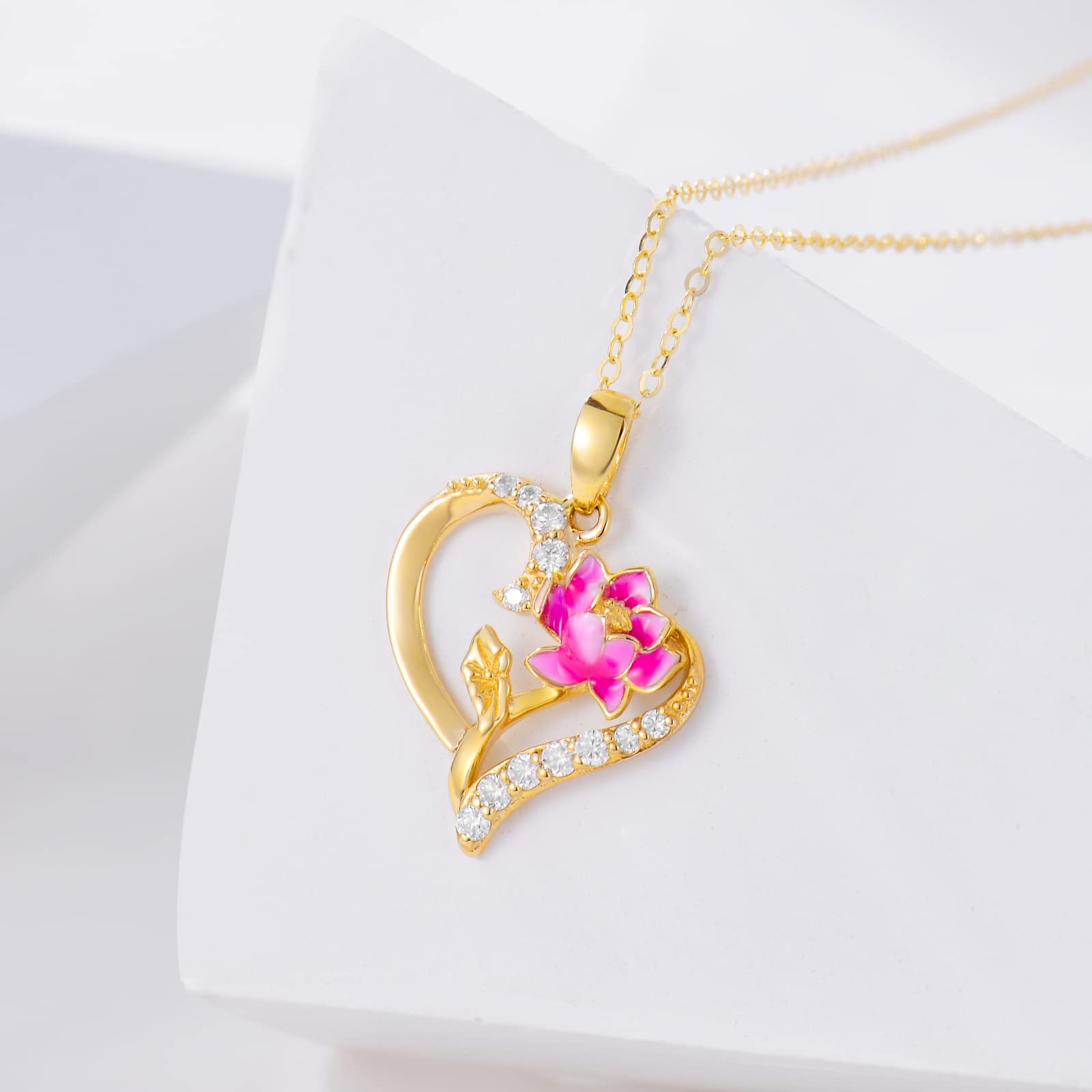 14K Gold Birth Flower Necklace for Women,Yellow Gold Created Moissanite Heart Pendant Orchid/Lotus Necklaces,Dainty Birth Month Floral Jewelry Gifts for Birthday Valentines Anniversary,16''-18'' (07-Jul-Lotus)