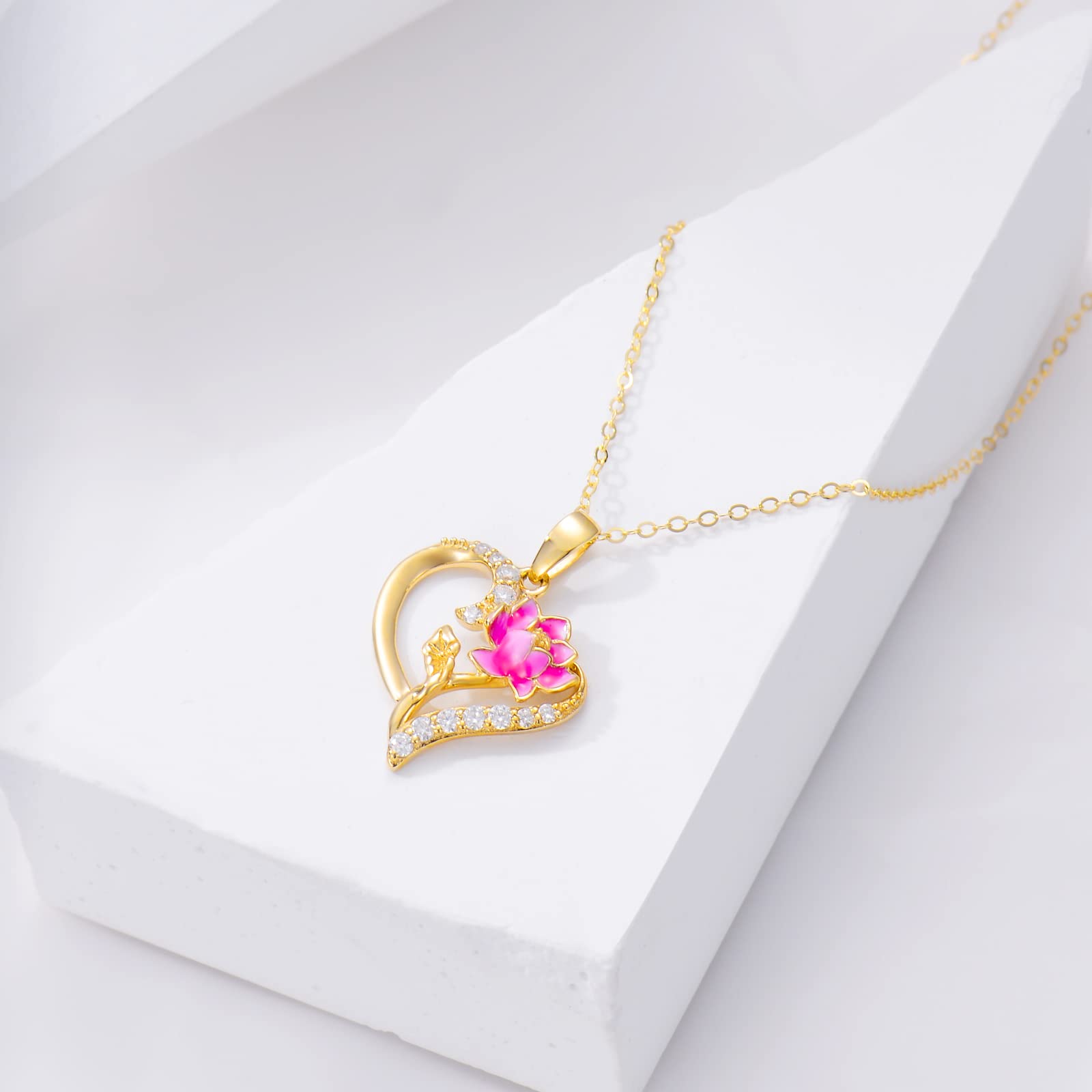 14K Gold Birth Flower Necklace for Women,Yellow Gold Created Moissanite Heart Pendant Orchid/Lotus Necklaces,Dainty Birth Month Floral Jewelry Gifts for Birthday Valentines Anniversary,16''-18'' (07-Jul-Lotus)