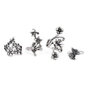 4pcs retro hollow silver mori vine tree leaf flower ring set for womens, 2022 vintage stack rings set for teen girl