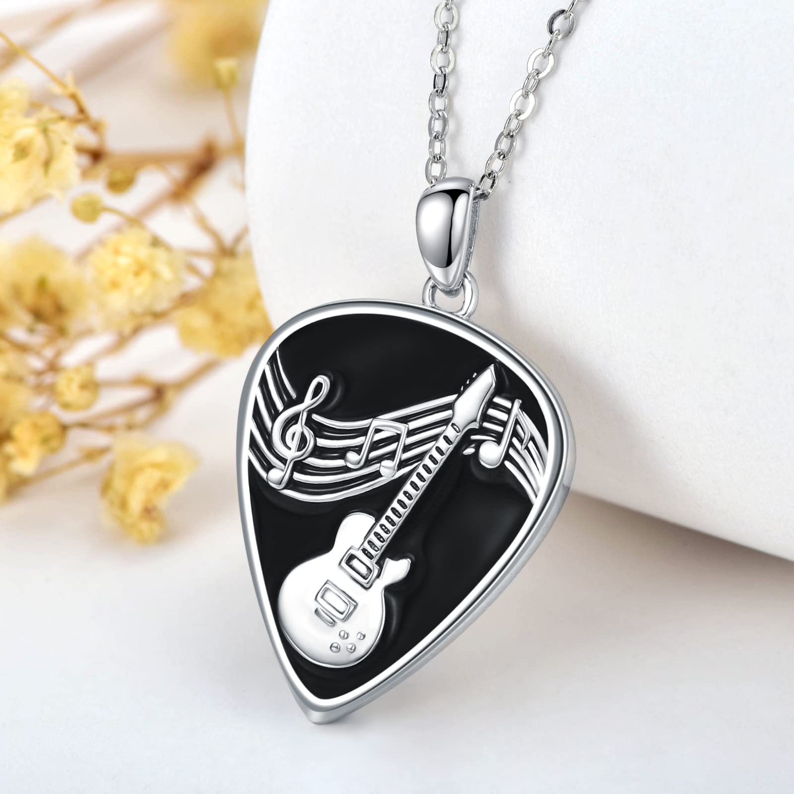 VONALA Guitar Pick Necklace 925 Sterling Silver Guitar Plectrum with Music Note Pendant Necklaces Jewelry Musical Guitarist Gifts for Women Men