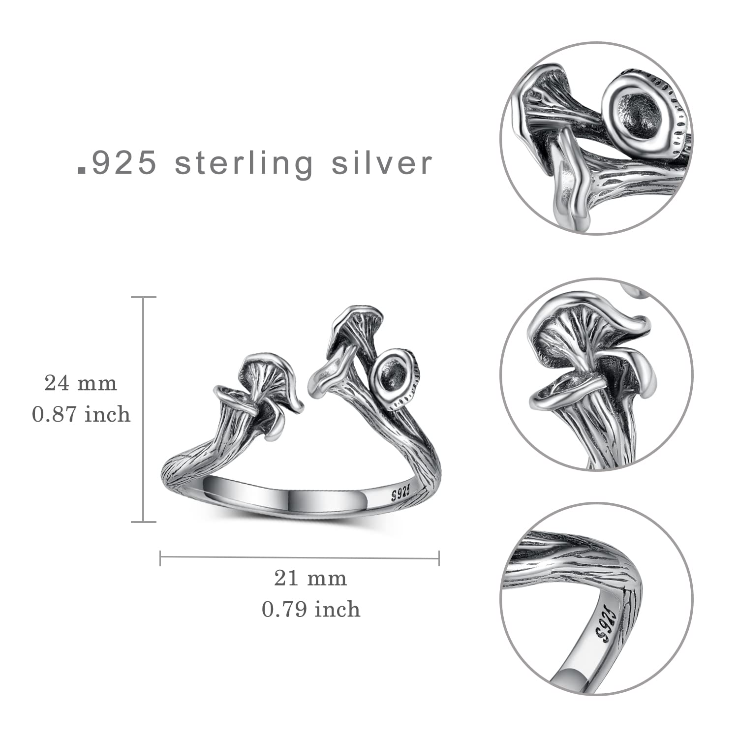 TYSO Chanterelle Mushroom Rings For Women Sterling Silver Vintage Cute Adjustable Open Wrap Ring Jewelry (7)