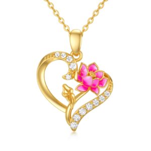 14k gold birth flower necklace for women,yellow gold created moissanite heart pendant orchid/lotus necklaces,dainty birth month floral jewelry gifts for birthday valentines anniversary,16''-18'' (07-jul-lotus)