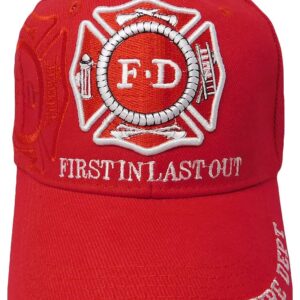 Trade Winds Fire Department Dept First in Last Out Red with Red Shadow Cotton Adjustable Embroidered Baseball Hat Cap, Black, 7 3/4