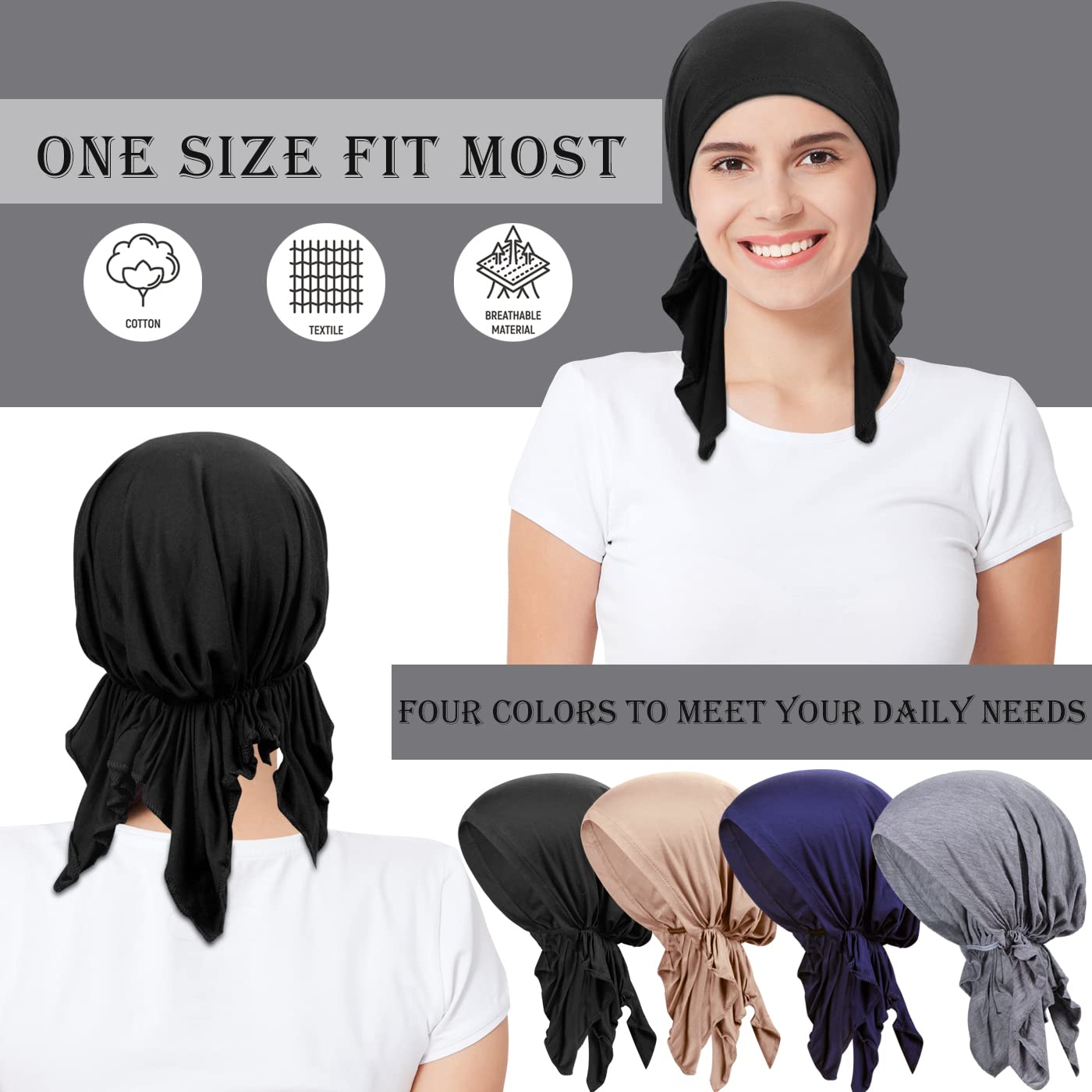 Oumrote 4 Pieces Soft Cotton Chemo Headwear for Women, Stretch Pre-Tied Chemo Head Scarves for Cancer