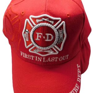 Trade Winds Fire Department Dept First in Last Out Red with Red Shadow Cotton Adjustable Embroidered Baseball Hat Cap, Black, 7 3/4