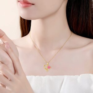 14K Gold Birth Flower Necklace for Women,Yellow Gold Created Moissanite Heart Pendant Orchid/Lotus Necklaces,Dainty Birth Month Floral Jewelry Gifts for Birthday Valentines Anniversary,16''-18'' (07-Jul-Lotus)