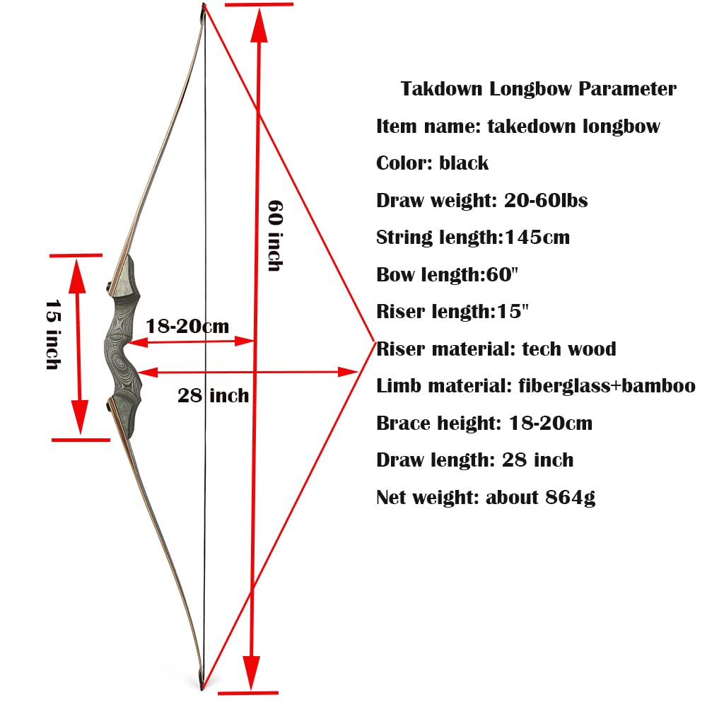 60 Inch Black Hunter Takedown Longbow 20-60lbs Traditional Wood Longbow Right Hand and Left Hand American Hunting Longbow for Outdoor Hunting Shooting (40 Lbs, Left Hand Bow)