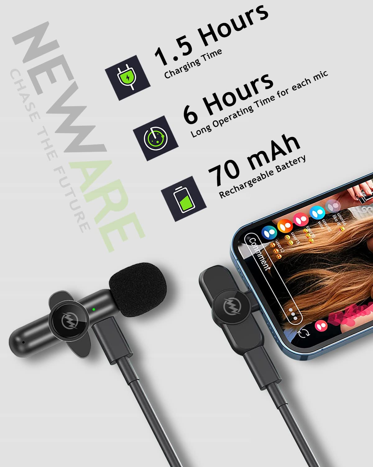 NEWWARE Wireless Lavalier Microphones for iPhone iPad, Lapel Mic with Charging Case and LCD Display, Plug-Play, Noise Reduction, for Recording, Vlog, TikTok, Live Stream (K3)