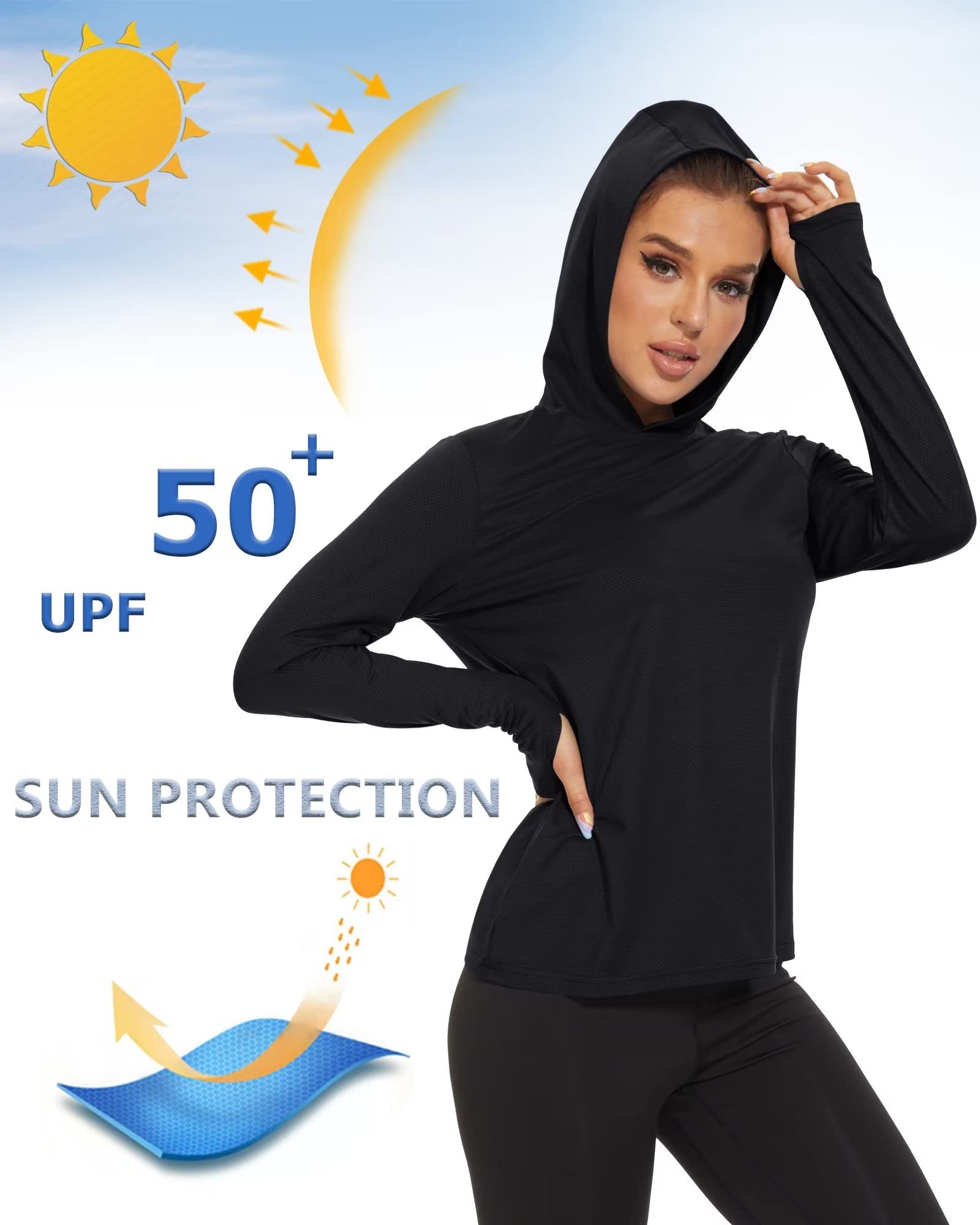 KEFITEVD Womens Fishing Shirt Long Sleeve with UV Protection Outdoor Performance Rash Guard Sun Protection Hoodie with Thumb Holes Women Black