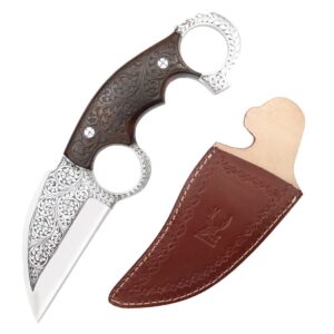 the bone edge 9.5" d2 steel fully hand engraved wood handle hunting knife with sheath