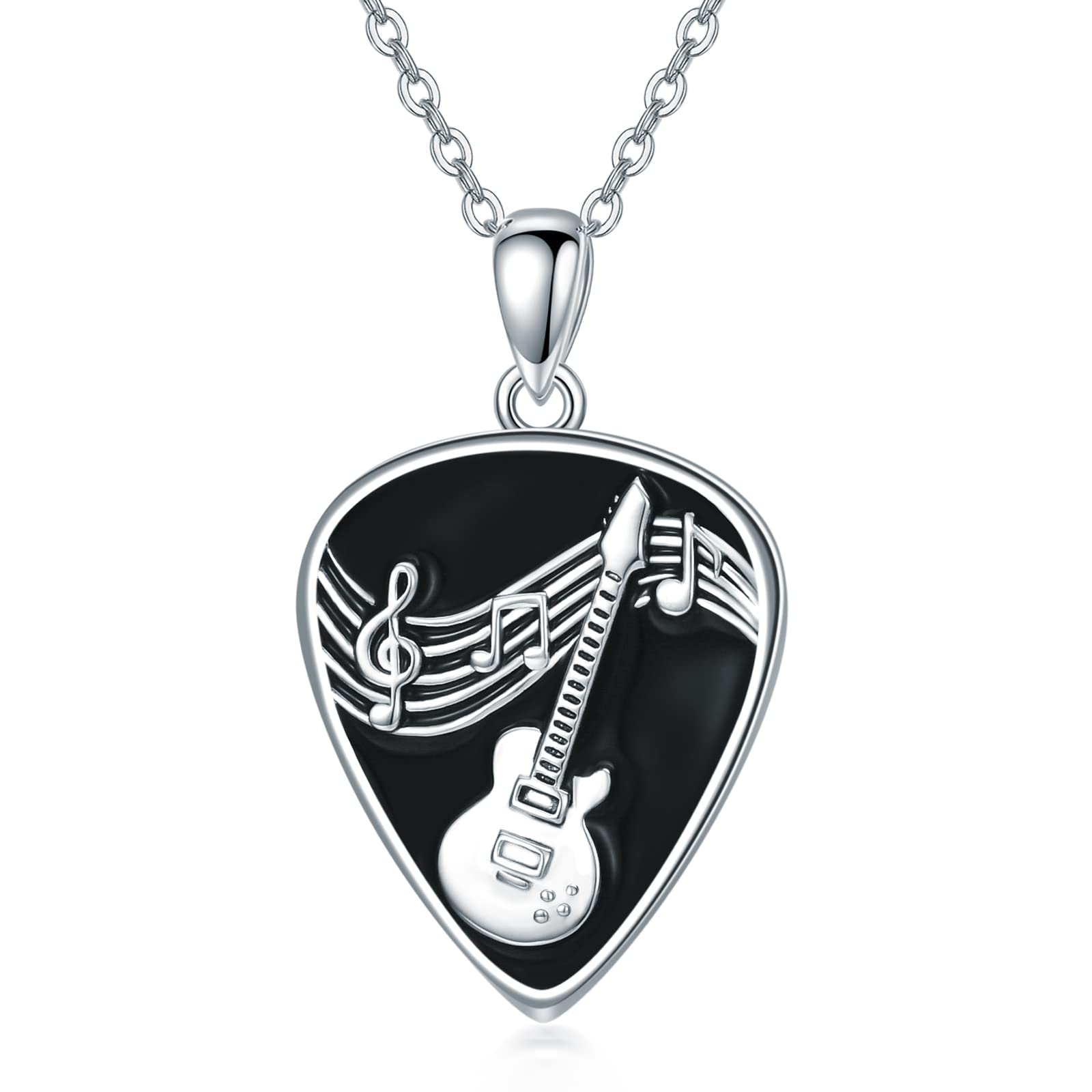 VONALA Guitar Pick Necklace 925 Sterling Silver Guitar Plectrum with Music Note Pendant Necklaces Jewelry Musical Guitarist Gifts for Women Men