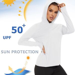 KEFITEVD Hiking Shirts Women Quick Dry Long Sleeve Workout Sun Shirt Women UPF 50+ UV Sun Protection Hoodie Summer Shirts White