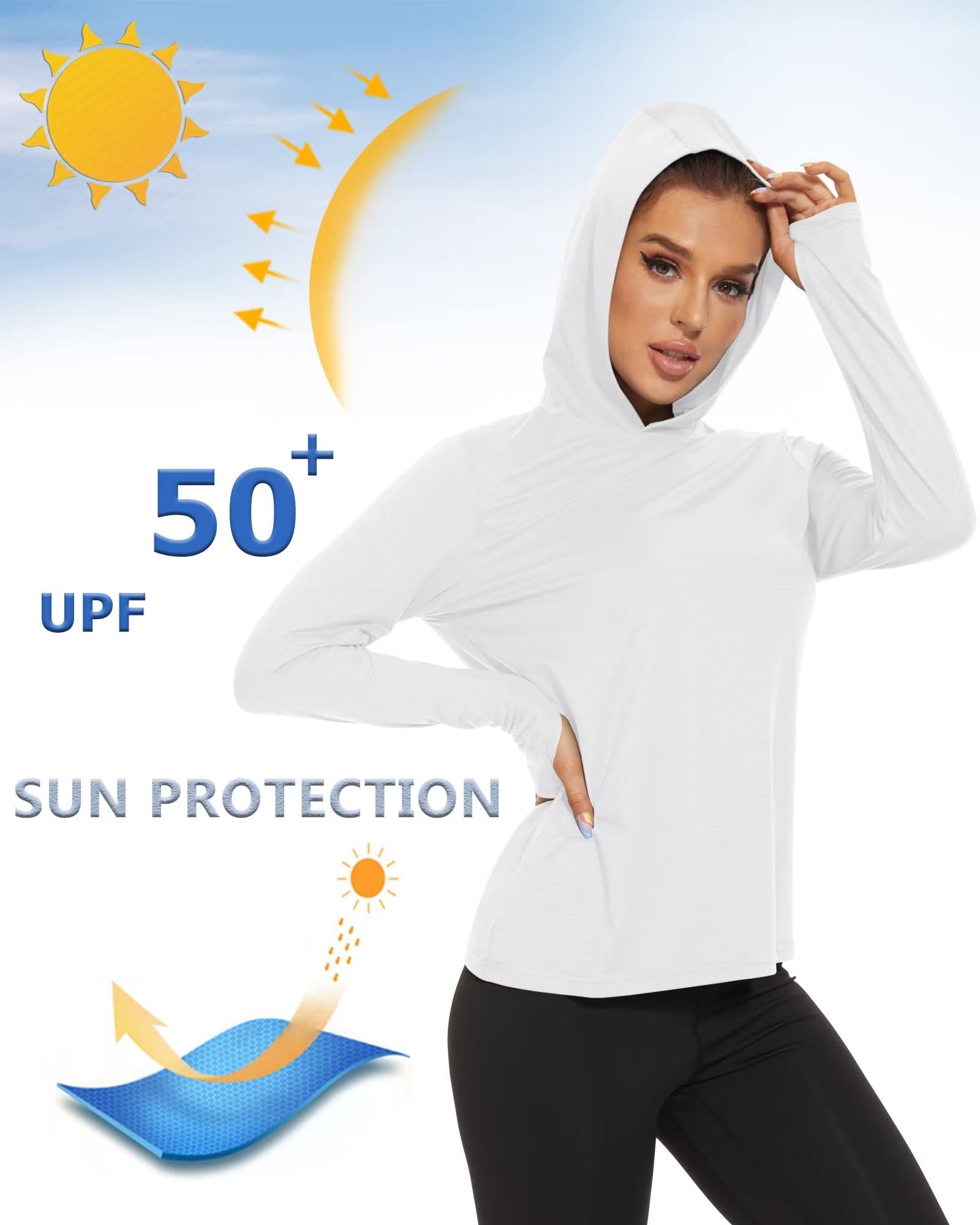 KEFITEVD Hiking Shirts Women Quick Dry Long Sleeve Workout Sun Shirt Women UPF 50+ UV Sun Protection Hoodie Summer Shirts White