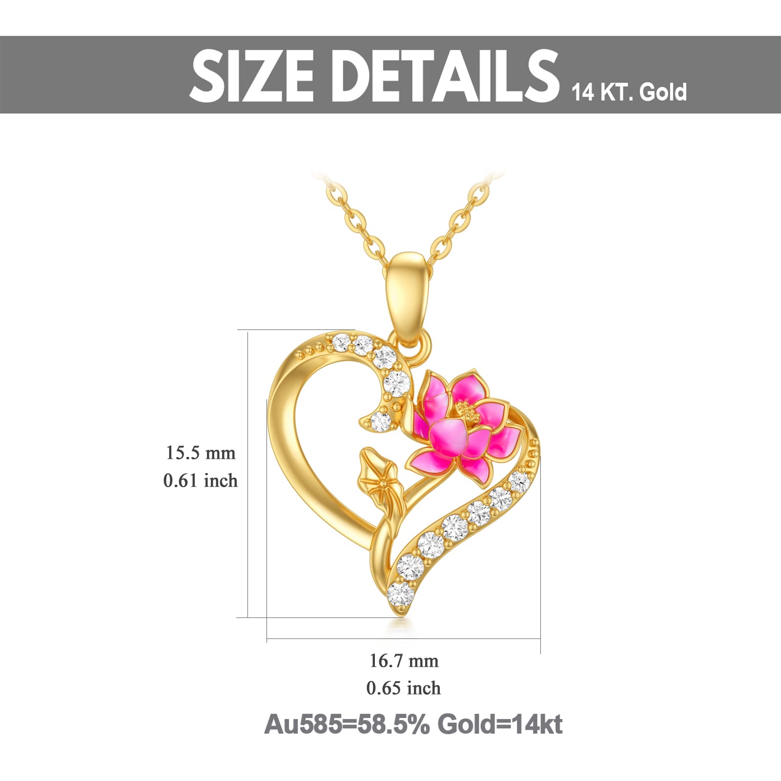 14K Gold Birth Flower Necklace for Women,Yellow Gold Created Moissanite Heart Pendant Orchid/Lotus Necklaces,Dainty Birth Month Floral Jewelry Gifts for Birthday Valentines Anniversary,16''-18'' (07-Jul-Lotus)