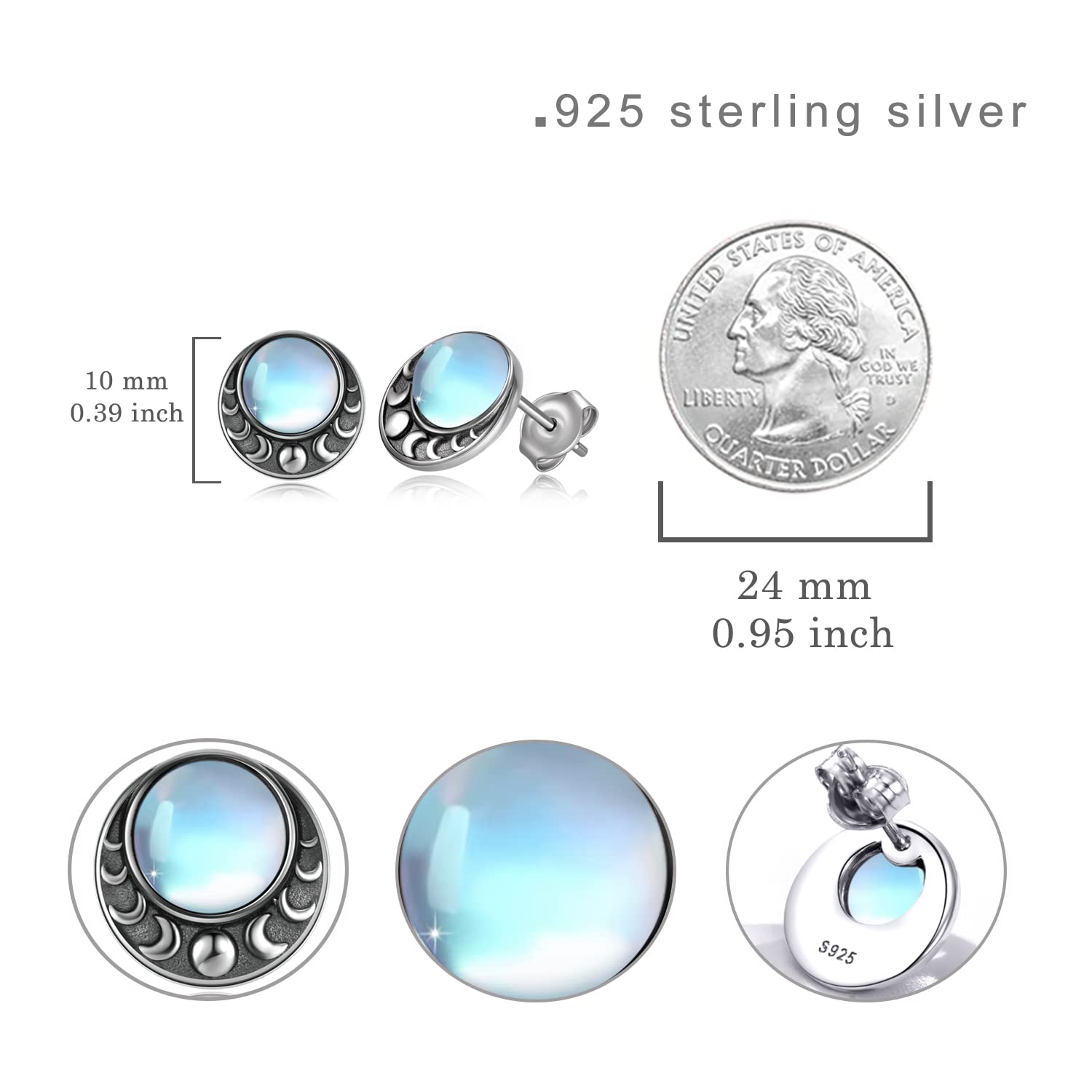 Moonstone Moon Phase Earrings 925 Sterling Silver Moon Phase Stud Earrings Moonstone Moon Jewelry Gift for Women