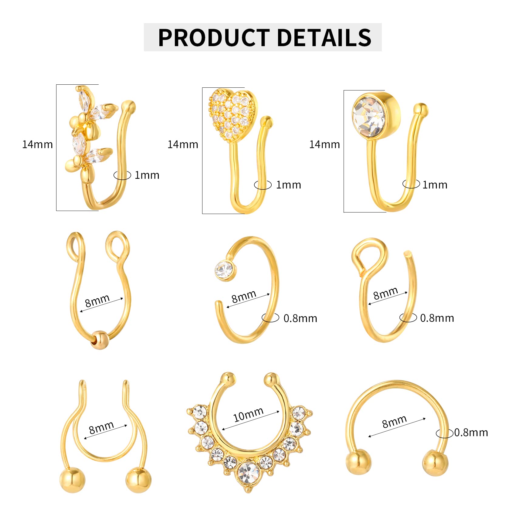 Viallct 9Pcs Fake Nose Rings Stainless Steel Fake Nose Ring Hoop Inlaid CZ Non Piercing Clip On Nose Hoop Septum Ring Faux Piercing Jewelry for Women Men