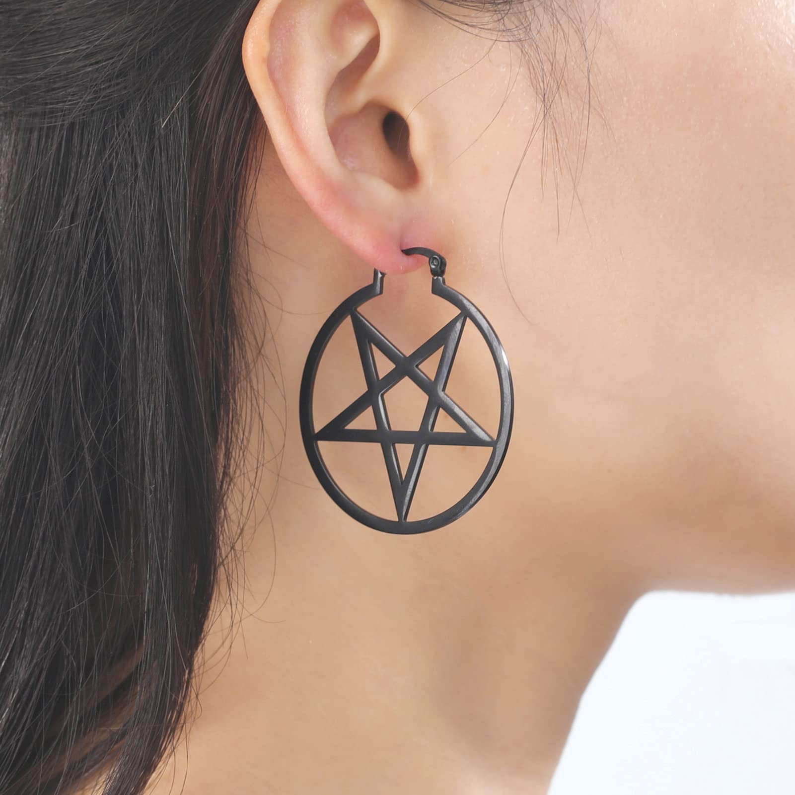 LIKGREAT Large Pentagram Earrings for Women Pentacle Buckle Hoop Earrings Pagan Wiccan Earrings Halloween Party Jewelry (pentacle in circle, black)