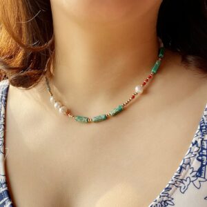 Irregular Green Turquoise Necklace,Irregular Pearl Shape Necklace,Bohemian Necklace,Handmade Single Layered Necklaces for Women